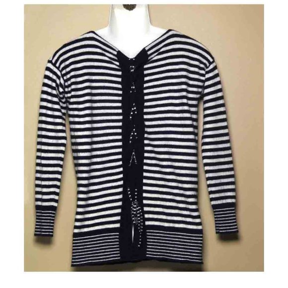 J Crew Cashmere Sweater Nautical Stripe Lace Back Navy Blue White Women's Size S - Picture 2 of 2